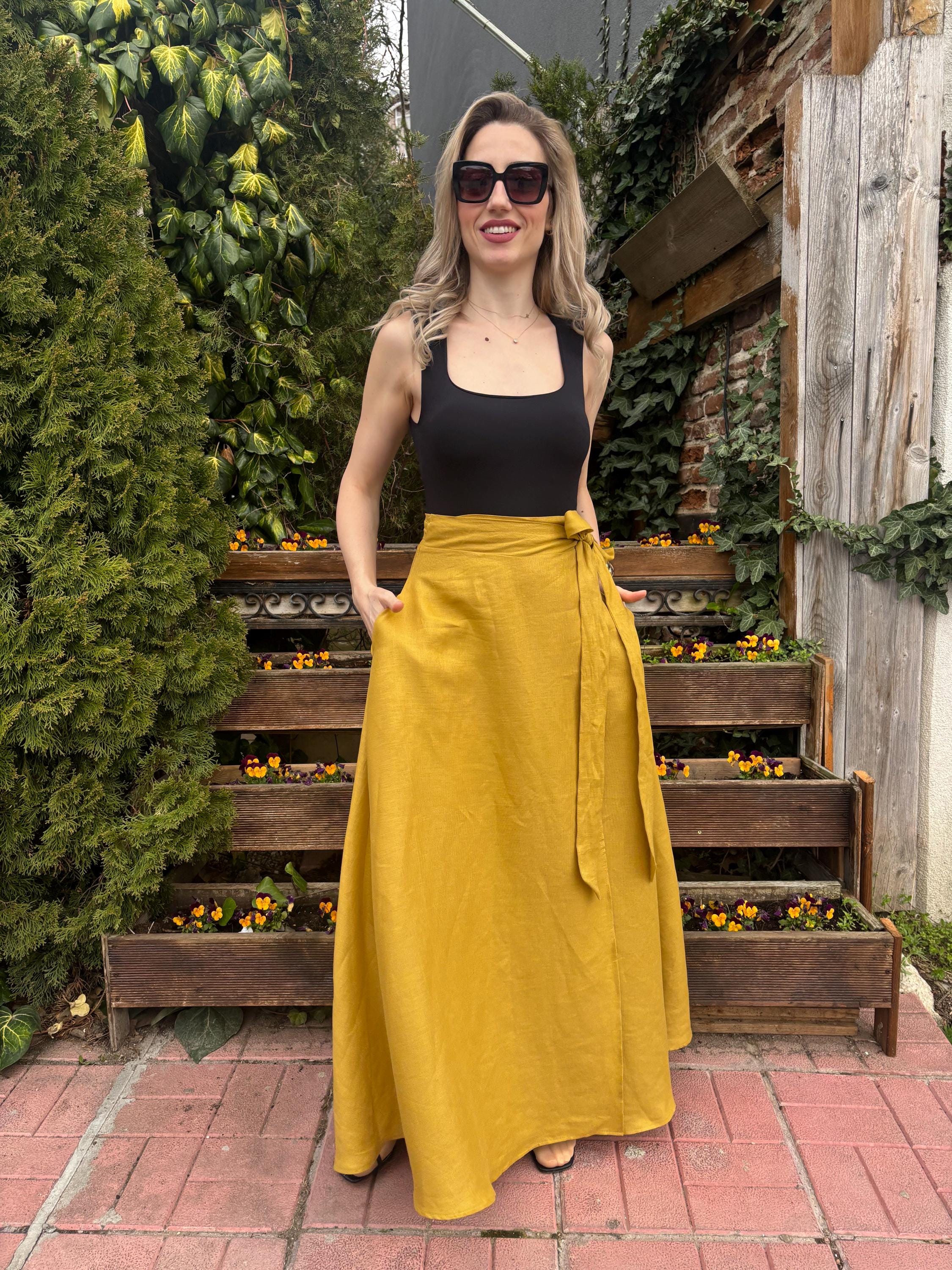 Handmade Mustard Yellow Linen-viscose Wrap Skirt - Pleated Maxi