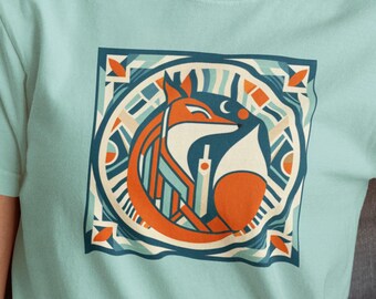 Retro Fox Art Tee, Geometric Boho T-Shirt, Comfort Colors Shirt for Nature & Wildlife Lovers, Gift for Fox Enthusiasts, Art Nouveau Top