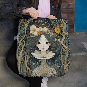 Whimsical Boho Tote Bag, Fairycore Artistic Tote, Vintage Style Bag, Chic Fantasy Forest Tote, Unique Gift for Her, Art Nouveau style tote