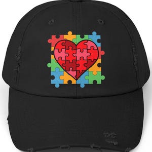 Casual Wear with a Cause: Distressed Baseball Cap for Autism Advocates, Gift for Parents, Jigsaw & Heart Snapback, Support Autism