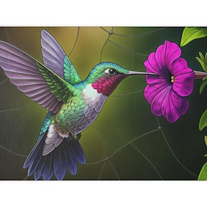 May include: A vibrant green and purple hummingbird with a red throat hovers near a pink flower with a yellow center. The hummingbird has its wings spread out and is about to drink nectar from the flower.