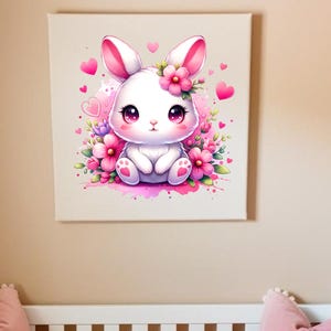 Welcome Baby Bunny Wall Art, Girl Nursery Decor, Baby Shower Gift, Pink Floral Bunny Canvas, Whimsical Animal Print for Baby Room