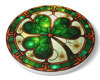 Stained Glass Effect Shamrock Ceramic Coaster, Irish Ancestry Gift, Housewarming Coasters, Green Celtic Home Decor, Cork Backed Coasters