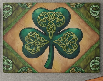 Celtic Shamrock Glass Cutting Board, St. Patrick's Day-cadeau, keukendecor, housewarmingcadeau, uniek kookaccessoire, Iers erfgoed