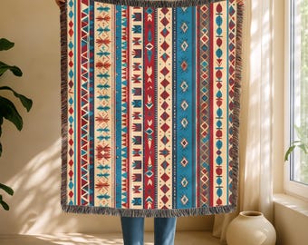 Manta acogedora tejida con estampado tribal del suroeste, perfecta para la decoración del hogar, manta tribal azteca, decoración rústica bohemia, tapiz geométrico del desierto.