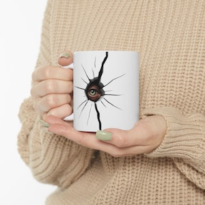Funny Cracked Eye Mug, creepy coffee cup, novelty gift mug, weird ceramic tea mug, funny office gift, spooky kitchen decor, white 11 & 15oz