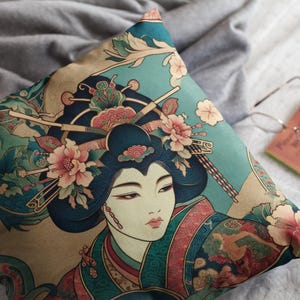 Geisha Floral Throw Pillow, Chinoiserie Decorative Cushion, Faux Suede Japanese Art Pillow, Boho Oriental Home Décor Accent