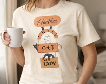 Camiseta personalizada para mamá gata con nombre, camiseta personalizada para loca de los gatos, regalo divertido para amantes de los gatos, camiseta para dueño de mascota con nombre.