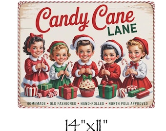 Insegna in metallo Candy Cane Lane, decorazione murale natalizia vintage, decorazione da cucina retrò per le feste, stampa di caramelle vecchio stile da regalare, alluminio opaco