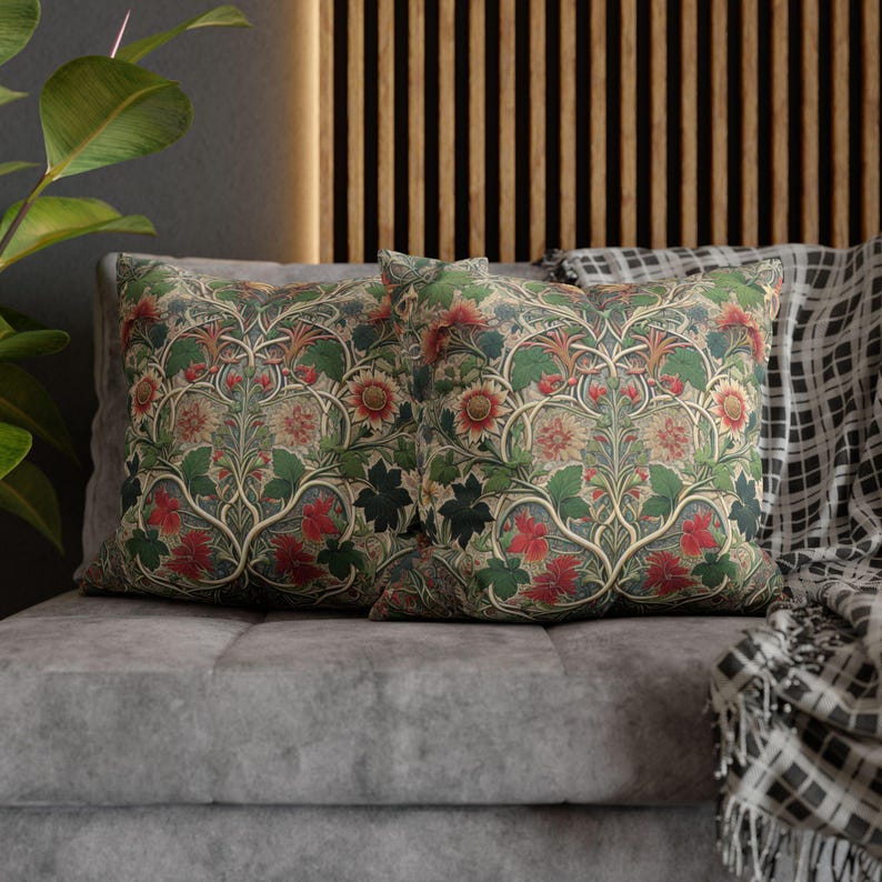 William Morris Style Pillow Cover, Vintage Floral Throw Pillow, Boho Cushion Cover, Decorative Faux Suede Pillow for Sofa or Bedroom image 4