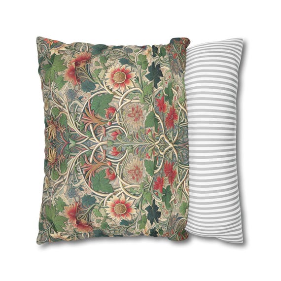 William Morris Style Pillow Cover, Vintage Floral Throw Pillow, Boho Cushion Cover, Decorative Faux Suede Pillow for Sofa or Bedroom