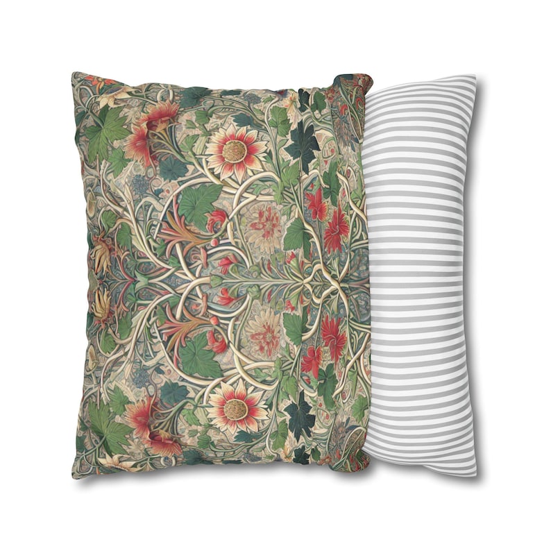 William Morris Style Pillow Cover, Vintage Floral Throw Pillow, Boho Cushion Cover, Decorative Faux Suede Pillow for Sofa or Bedroom image 1