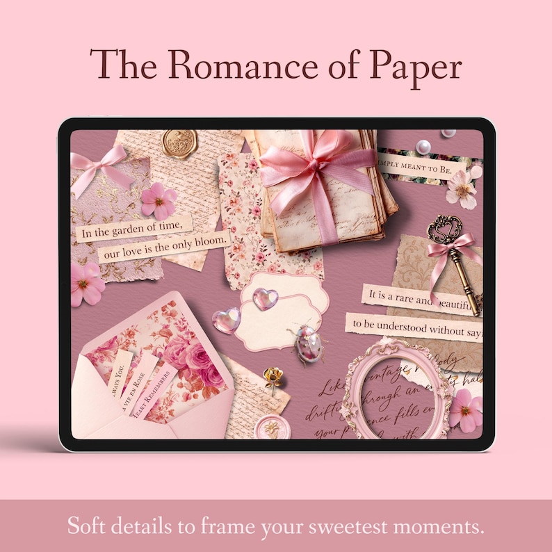 Peut inclure: Une &oelig;uvre d'art num&eacute;rique intitul&eacute;e "The Romance of Paper" pr&eacute;sentant des &eacute;ph&eacute;m&egrave;res de style vintage. La composition comprend des papiers &agrave; motifs floraux, des rubans roses et des &eacute;l&eacute;ments d&eacute;coratifs comme une cl&eacute; et des ornements en forme de c&oelig;ur. Le texte dit "In the garden of time, our love is the only bloom."