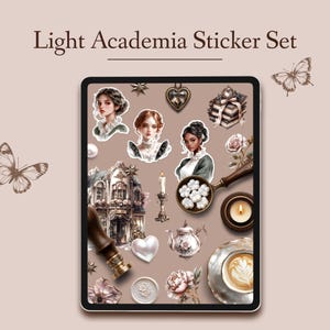 Light Academia digitala klistermärkesset – Böcker, vaxsigill, akvarellhus, Washi-tejp – PNG- och GoodNotes-fil