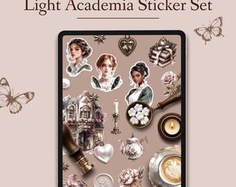Set de pegatinas digitales Light Academia: libros, sellos de lacre, casas de acuarela y cinta washi (archivo PNG y GoodNotes)