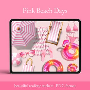 Puede incluir: Ilustraci&oacute;n digital de art&iacute;culos de playa rosas, que incluyen una sombrilla a rayas, una toalla de playa, gafas de sol, una silla de playa, chanclas, un bal&oacute;n de playa, un flotador de flamenco, una concha, un bolso de mano a rayas y un bikini. Tambi&eacute;n est&aacute; presente el texto "Pink Beach Days" y "beautiful realistic stickers - PNG format".