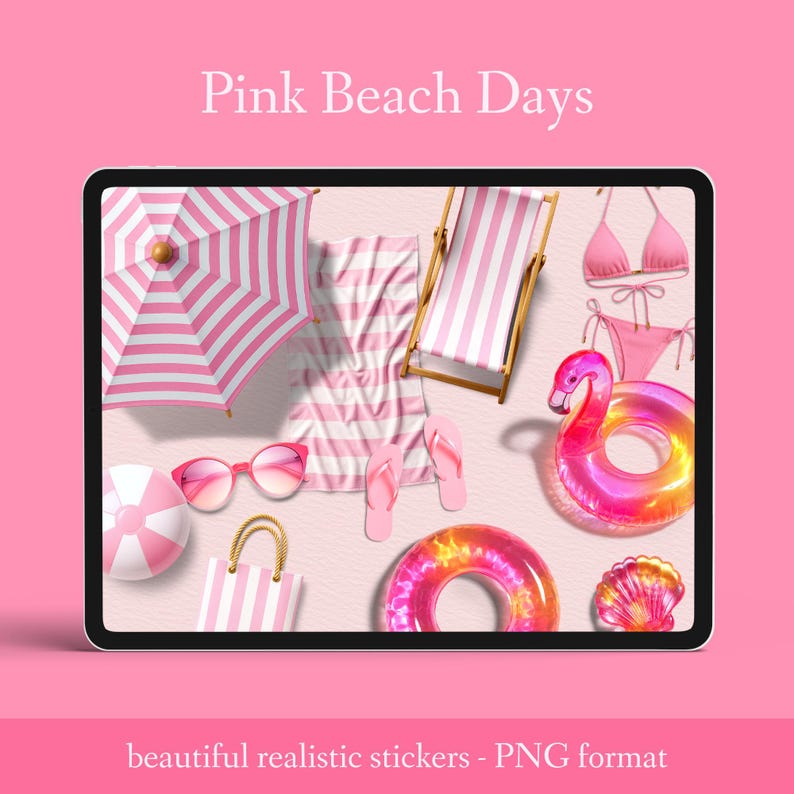 Puede incluir: Ilustraci&oacute;n digital de art&iacute;culos de playa rosas, que incluyen una sombrilla a rayas, una toalla de playa, gafas de sol, una silla de playa, chanclas, un bal&oacute;n de playa, un flotador de flamenco, una concha, un bolso de mano a rayas y un bikini. Tambi&eacute;n est&aacute; presente el texto "Pink Beach Days" y "beautiful realistic stickers - PNG format".