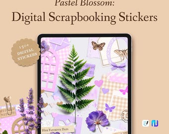 Conjunto de pegatinas digitales para scrapbooking Pastel Blossom – Pegatinas para journaling y scrapbooking, estética lila – PNG, GoodNotes, Noteful