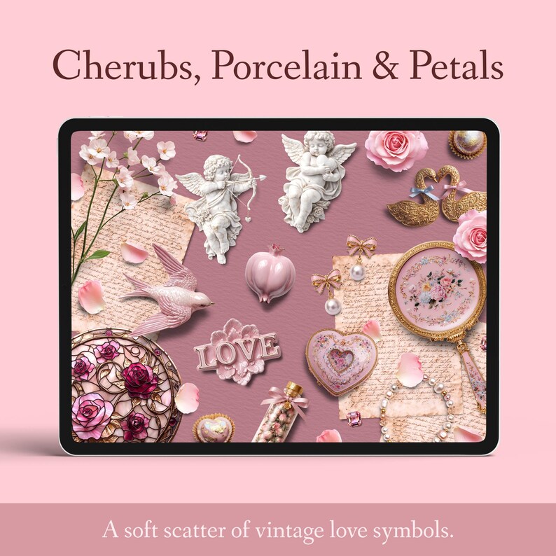Peut inclure: Illustration num&eacute;rique avec des ch&eacute;rubins, de la porcelaine et des p&eacute;tales. L'image comprend divers symboles d'amour vintage, tels que des statues de ch&eacute;rubins, un oiseau, une bo&icirc;te en forme de c&oelig;ur et des roses, le tout dans des tons roses doux. Texte : "Cherubs, Porcelain & Petals."