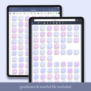 Puede incluir: La pantalla de una tableta digital muestra un teclado con botones de color rosa pastel, azul y morado. Los botones presentan letras, n&uacute;meros y s&iacute;mbolos. El texto "goodnotes & noteful file included" se muestra en la parte inferior de la pantalla.