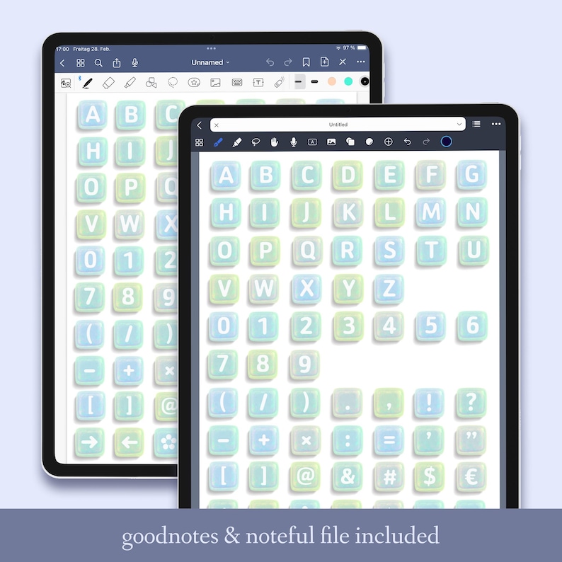Puede incluir: Una imagen digital de un teclado con teclas de color azul pastel y verde. Las teclas est&aacute;n etiquetadas con letras, n&uacute;meros y s&iacute;mbolos. La imagen se muestra en la pantalla de una tableta.