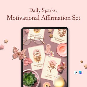 Puede incluir: Un conjunto de afirmaciones motivacionales con el texto "Daily Sparks: Motivational Affirmation Set". La imagen incluye tarjetas con afirmaciones positivas, una mariposa, gafas, una vela y una planta suculenta.