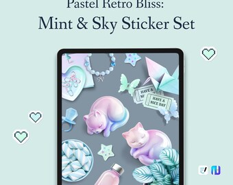 Set de stickers digitales en tonos pastel menta y cielo: ideal para diario y planificación. Estética pastel. Iconos pixelados en formato PNG. Compatible con GoodNotes y Noteful.