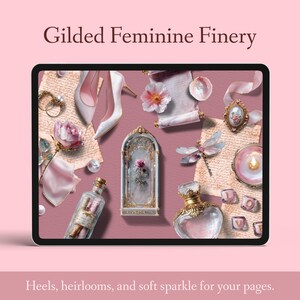 Peut inclure: Illustration num&eacute;rique sur fond rose, pr&eacute;sentant des articles f&eacute;minins. Comprend des talons hauts blancs, un flacon de parfum, un pr&eacute;sentoir encadr&eacute; miniature, une libellule et le texte "Gilded Feminine Finery". Le texte "Heels, heirlooms, and soft sparkle for your pages" est &eacute;galement pr&eacute;sent.