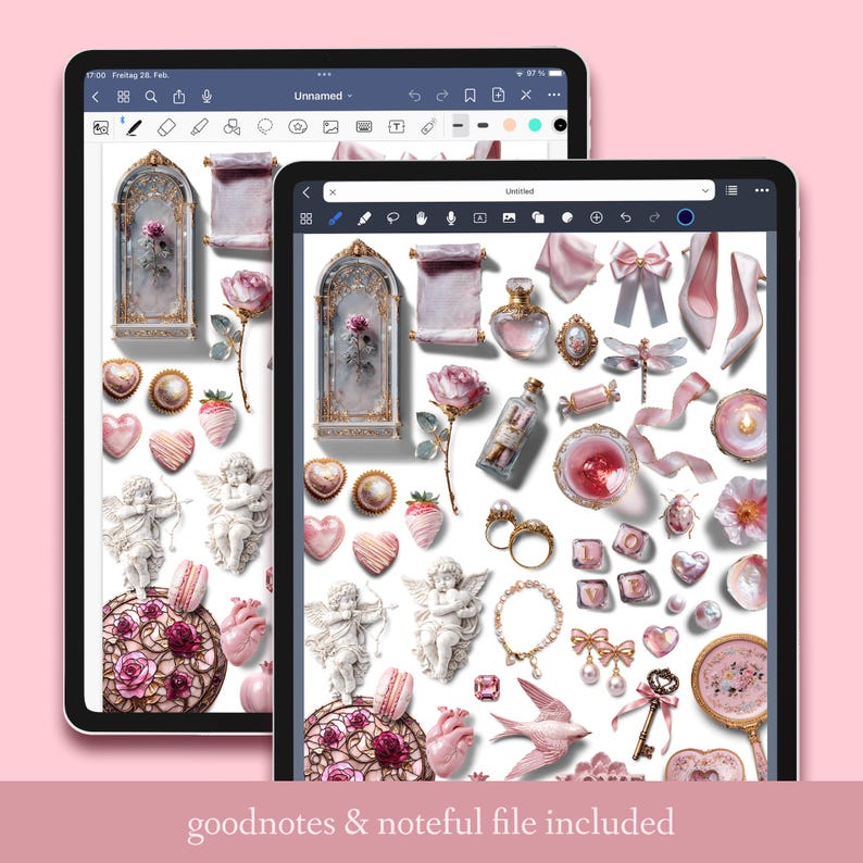 Peut inclure: &Eacute;l&eacute;ments d'art num&eacute;rique roses, comprenant des roses, des flacons de parfum et des ch&eacute;rubins, affich&eacute;s sur deux tablettes. Le texte "goodnotes & noteful file included" est en bas de l'image.