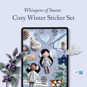以下が含まれることがあります： 冬をテーマにしたステッカーのコレクションをフィーチャーしたデジタルアート画像。ステッカーには、白いキツネの置物、雪の結晶のデザイン、2体の人形が含まれています。「Whispers of Snow: Cozy Winter Sticker Set」というテキストが上部に表示されています。