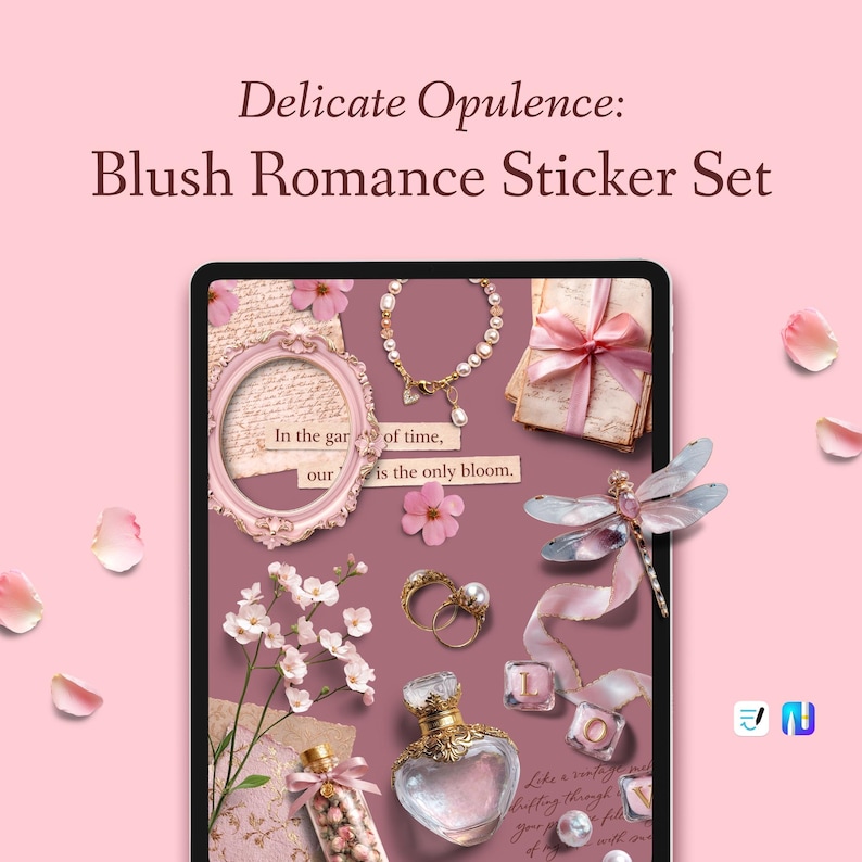 Peut inclure: Illustration num&eacute;rique d'un ensemble d'autocollants Blush Romance. L'image pr&eacute;sente une tablette affichant divers &eacute;l&eacute;ments d&eacute;coratifs, dont un cadre rose, des bijoux, des fleurs et une libellule. Le texte "Delicate Opulence: Blush Romance Sticker Set" est en haut.