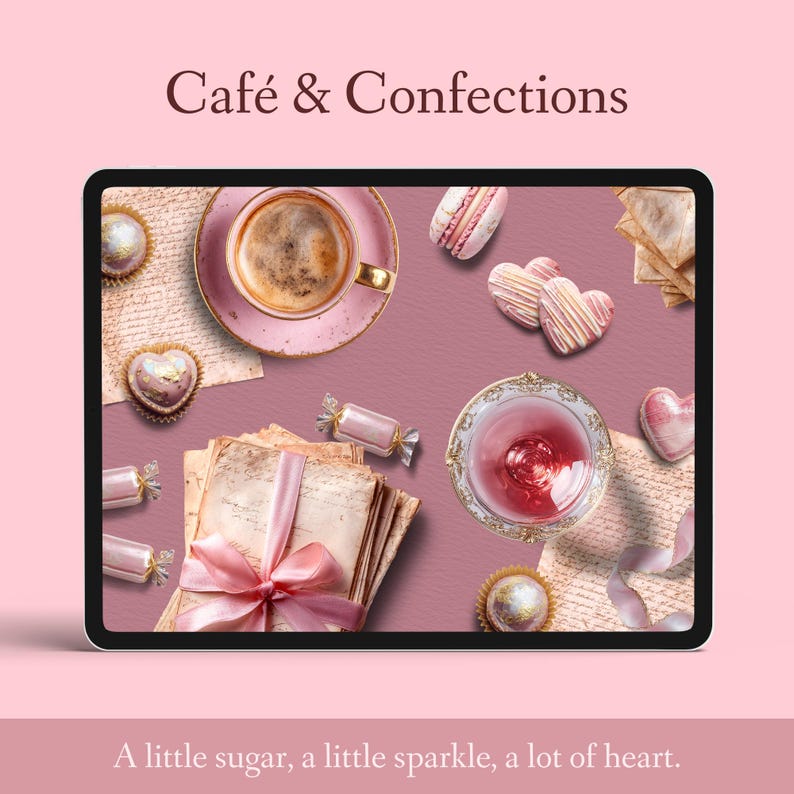 Peut inclure: Une tablette num&eacute;rique affiche une sc&egrave;ne de caf&eacute; avec du caf&eacute;, des sucreries et du papier vintage. Le texte "Caf&eacute; & Confections" est en haut, avec "A little sugar, a little sparkle, a lot of heart" en bas. L'image pr&eacute;sente des accents roses et dor&eacute;s.