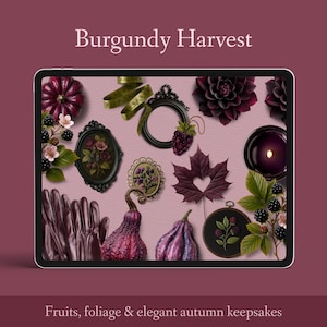 May include: A digital illustration titled "Burgundy Harvest" featuring autumn-themed elements. Includes a decorative frame, a maple leaf with a heart cutout, a candle, and gloves. The image also contains text that reads "Fruits, foliage & elegant autumn keepsakes."