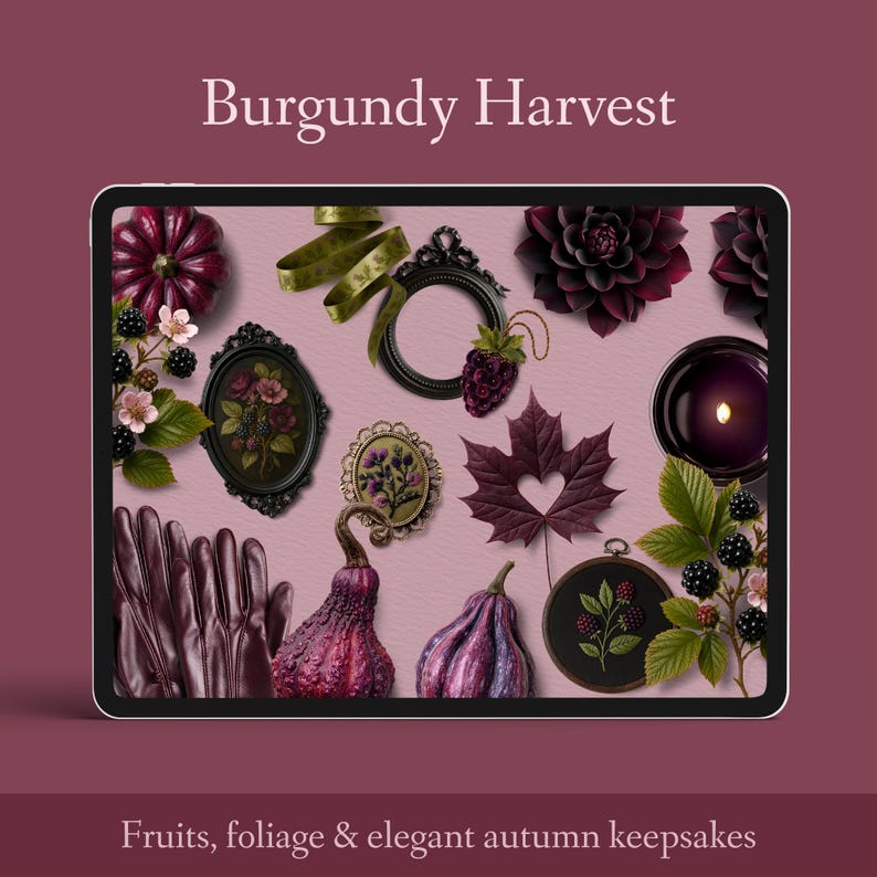 May include: A digital illustration titled "Burgundy Harvest" featuring autumn-themed elements. Includes a decorative frame, a maple leaf with a heart cutout, a candle, and gloves. The image also contains text that reads "Fruits, foliage & elegant autumn keepsakes."