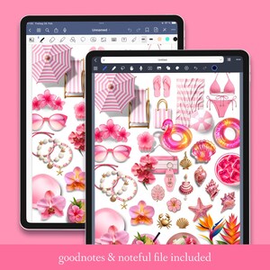 Puede incluir: Dos tabletas digitales que muestran pegatinas digitales rosas con tem&aacute;tica de playa, que incluyen gafas de sol, flores, tumbonas y un flotador de flamenco. El texto "goodnotes & noteful file included" est&aacute; en la parte inferior.