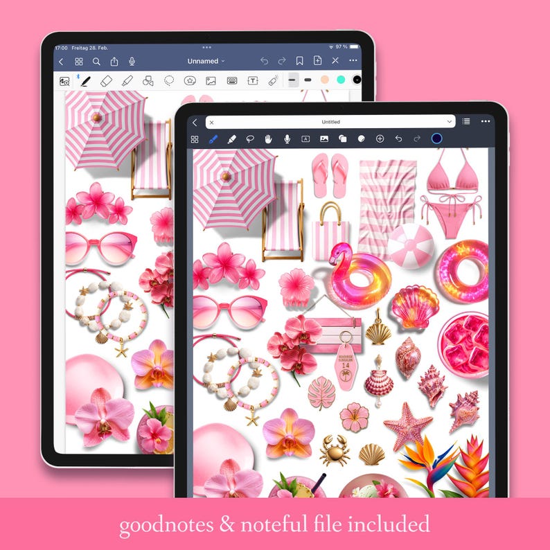 Puede incluir: Dos tabletas digitales que muestran pegatinas digitales rosas con tem&aacute;tica de playa, que incluyen gafas de sol, flores, tumbonas y un flotador de flamenco. El texto "goodnotes & noteful file included" est&aacute; en la parte inferior.