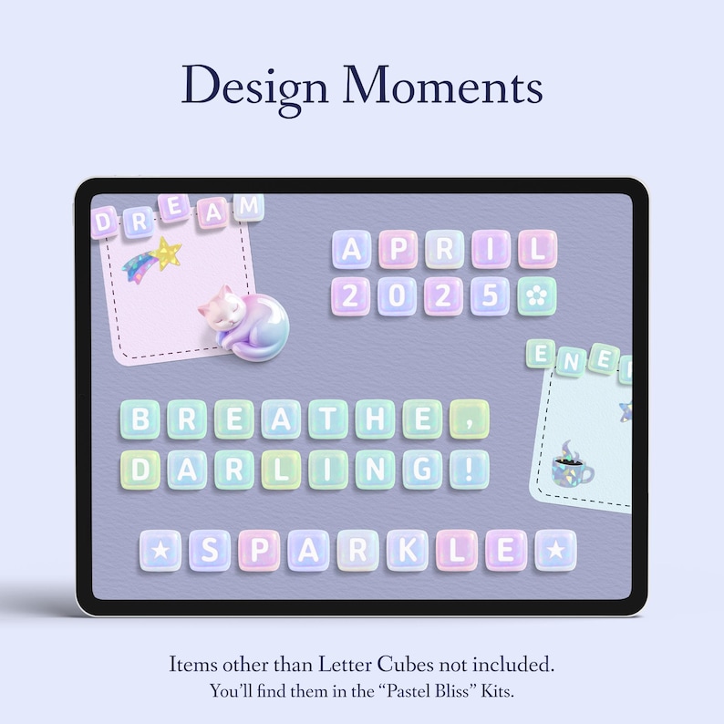 Puede incluir: Una pantalla de tableta digital que muestra bloques de letras del alfabeto de color pastel que deletrean las palabras "DREAM", "APRIL 2025", "BREATHE", "DARLING!" y "SPARKLE". La pantalla est&aacute; rodeada por un marco de color p&uacute;rpura claro.