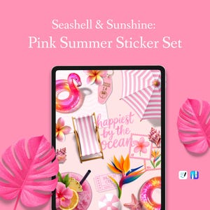 Seashell & Sunshine – Conjunto digital de adesivos de verão rosa para agendas e diários – PNG, GoodNotes, arquivo Noteful