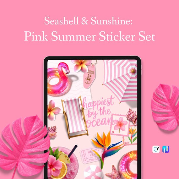Seashell & Sunshine – Pinkes Sommer Sticker-Set digital für Planer und Journaling – PNG, GoodNotes, Noteful-Datei