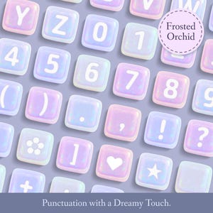 Puede incluir: Un conjunto de botones cuadrados iridiscentes de color pastel con letras, n&uacute;meros y signos de puntuaci&oacute;n. Los botones tienen un dise&ntilde;o de orqu&iacute;dea escarchada y est&aacute;n dispuestos en una cuadr&iacute;cula. El texto "Frosted Orchid" aparece en un c&iacute;rculo en la parte superior de la imagen. El texto "Punctuation with a Dreamy Touch." aparece en la parte inferior de la imagen.
