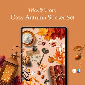 Könnte beinhalten: Ein orangefarbener Hintergrund mit einem Tablet, das ein Cozy Autumn Sticker Set anzeigt. Die Aufkleber zeigen Kürbisse, Blätter, Bücher und einen Kuchen. Der Text lautet "Trick & Treat: Cozy Autumn Sticker Set". Eine Laterne und Blätter befinden sich links.