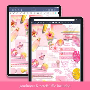 Puede incluir: Dos tabletas digitales que muestran un planificador digital rosa con tem&aacute;tica de verano. El planificador incluye ilustraciones de flores, conchas marinas, protector solar y texto que dice "Sea, Sun, Sand" y "To the Beach". La frase "goodnotes & noteful file included" est&aacute; en la parte inferior.