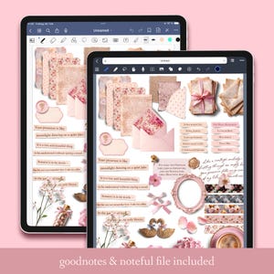 Peut inclure: &Eacute;l&eacute;ments de planification num&eacute;rique dans des tons roses et beiges. L'image pr&eacute;sente du papier num&eacute;rique, des enveloppes, des rubans et des motifs floraux. Le texte comprend des phrases telles que "Your presence is like moonlight dancing on a quiet lake."