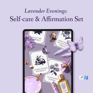May include: A self-care and affirmation set, featuring a tablet with cards, a scrunchie, a butterfly, and a lavender oil bottle. The text reads "Lavender Evenings: Self-care & Affirmation Set". The cards have affirmations.