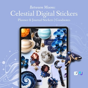 May include: A digital tablet displays celestial-themed stickers. The stickers include planets, moons, flowers, and a moth. The text on the screen reads "Between Moons: Celestial Digital Stickers" and "Planner & Journal Stickers | Goodnotes."