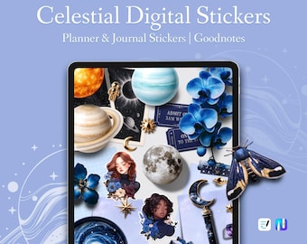 Conjunto de pegatinas celestiales digitales | Pegatinas de galaxias y planetas | GoodNotes y Noteful | Diario digital | Pegatinas PNG