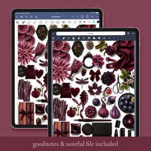 May include: Two digital tablets showcasing a collection of burgundy and black digital stickers and illustrations. The stickers include flowers, hearts, gloves, books, and other decorative elements. The text "goodnotes & noteful file included" is at the bottom.