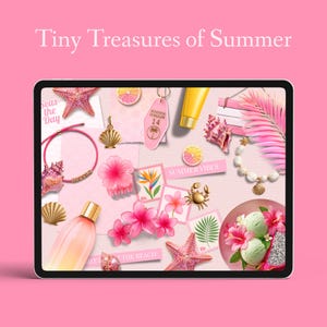 Puede incluir: Una ilustraci&oacute;n digital titulada "Tiny Treasures of Summer" con art&iacute;culos de tem&aacute;tica veraniega. Incluye una pulsera rosa, conchas marinas, flores, un llavero, protector solar y helado. La paleta de colores es predominantemente rosa y dorado.