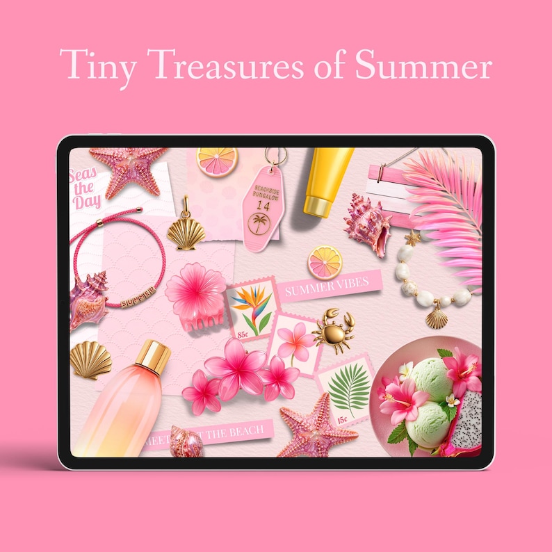Puede incluir: Una ilustraci&oacute;n digital titulada "Tiny Treasures of Summer" con art&iacute;culos de tem&aacute;tica veraniega. Incluye una pulsera rosa, conchas marinas, flores, un llavero, protector solar y helado. La paleta de colores es predominantemente rosa y dorado.
