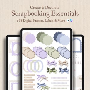 Scrapbooking Essentials Digital Sticker Set | 168 PNG Stickers | GoodNotes & Noteful | Frames, Labels, Calendar, Quotes and Papers